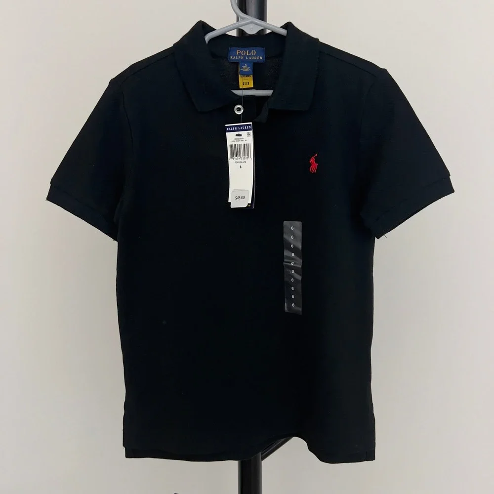 NWT Ralph Lauren Kids Polo Black Short Sleeve Cotton Pique Shirt Size 6